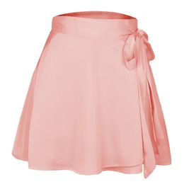 Skirts Women Summer High Waist Lace Up Loose Casual Chiffon Satin Mini Skirt Solid Color Bandage Fashion Club Elegant WDQ01 230503