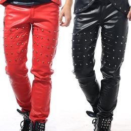 Pants 2015 New fashion black red white Male singer rivet leather trousers ds dj slim punk long pants stage show wear dance costumes