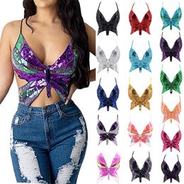 Camisoles Tanks Y2k Butterfly Sequin Crop Top Women Summer Backless V Neck Sexy Club Costume Outfits Festival Clothes Bandage Bra Tops 230503