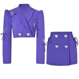 Women s Suits Blazer Set Skirt Blazer Purple Autumn Winter Heart Shaped Diamond Button Beaded Bow Short Jacket Two Pcs Suit 230504