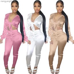 Women's Two Piece Pants Woman 2pcs Satin Suit Solid Colour Long Sleeve cardigan Bandage Crop T-shirt+Pant S-XL T230504