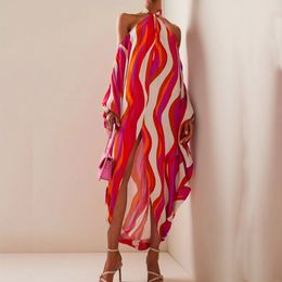 Casual Dresses Women Print Ruffle French Style Maxi Sexy Colorful Stripe Split Backless Fashion Hanging Neck Chiffon Beach 230504