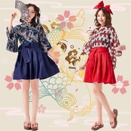 Ethnic Clothing Japanese Kimono Yukata Women Dress Set Vintage Floral Print Anime Cosplay Dresses Summer Pleated Skirt Street Wear