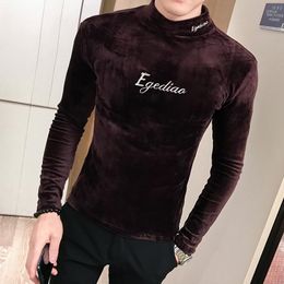 Men's T Shirts Shirt M-3XL 2023 Embroidery Velvet Men Turtleneck Long Sleeve Tees Streetwear Casual Slim Tops Hip Hop Social