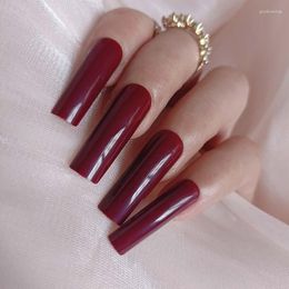 False Nails 24pcs Luxury Solid Colour Long Ballet Coffin Salon Craft Decoration Fake Wide Head Deep Red