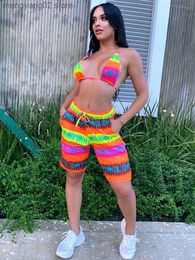 Women's Two Piece Pants Rainbow Striped Sport Suits Female Tracksuits 2022 Hipster Halter Neck Backless Bra Tops and Drawstring Waist Shorts T230504