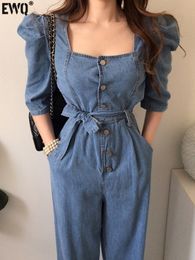 Women's Jumpsuits Rompers EWQ Korean Chic Square Neck Metal Button Lace Up Double Pockets Puff Sleeve Denim Jumpsuit Women Playsuit Spring 16T447 230504