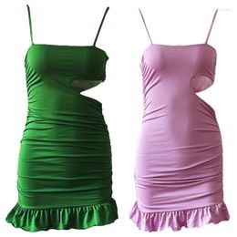 Casual Dresses Women Spaghetti Strap Backless Cut Out Bodycon Mini Cami Dress Sexy Ruched Package Hip Ruffle Hem Cocktail Party 10CE