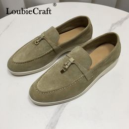 Dress Shoes Suede Women Loafers Summer Walk Moccasins Leather Tassel LP Flat Metal Lock Fittings Slip On Causal Dark khaki 230503