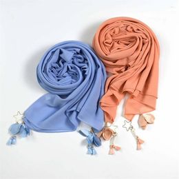 Scarves Custom Fashion Plain Chiffon Hijab Scarf With Flower Pendant Tassel Muslim Women Fancy Handmade Metal Shawls