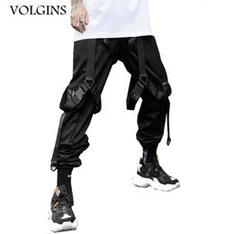 Pants Streetwear Cargo Pants Men Harajuku Tactical Pants Ribbon Multipocket Trousers Women Elastic Waist HipHop Male Black Pant