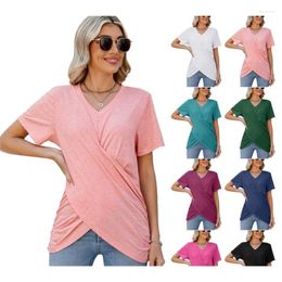 Women's T Shirts Women Short Sleeve Tunic Top Casual Loose Fit V-Neck Ruched Twist Front T-Shirts 10CE
