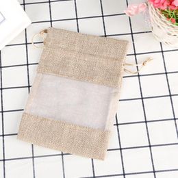 Gift Wrap 100pcs 16x23cm Jute Burlap Bag With PVC Window Cosmetic Packing Custom Size Logo Accept