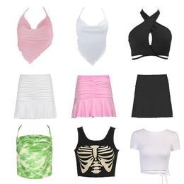 Women's Tanks & Camis Women Sexy Fashion Y2k Harajuku Tank Halter Top Solid Short Sleeve T Shirt Mini Skirt Stripper Outfit See Through Cors