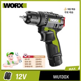 Schroevendraaiers WORX WU130X Brushless Drill Electric Screwdriver 30Nm with 2.0Ah Lithium Battery and Charger Universal with WU132 Screwdriver