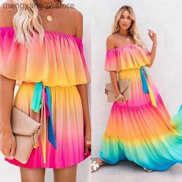 Party Dresses Woman Off Shoulder Maxi dress Rainbow gradient Color Ruffle Pleated +Belt No lining S-2XL 2Style T230504