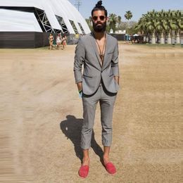 New Gray Men Suits Casual Summer Beach Wedding Groom Tuxedos 2 Pieces Jacket Pants Bridegroom