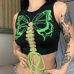 Camisoles Tanks Xingqing Butterfly Crop Top Women Aesthetic Fairy Grunge Tie Up Bandage y2k Clothes 2000s E Girl Vest T Shirt Streetwear 230503