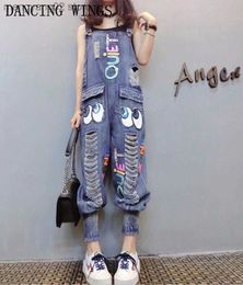 Women's Jumpsuits Rompers Female Denim Jumpsuits Fashion Sequins Cartoon Letters Hole Bib Pants Casual Loose Harem Pants Women Denim Overalls T230504