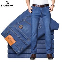 Men's Jeans SHAN BAO Spring and Summer Brand Fitted Straight Lightweight Jeans Classic Business Casual High Waist Men's Thin Stretch Jeans 230503