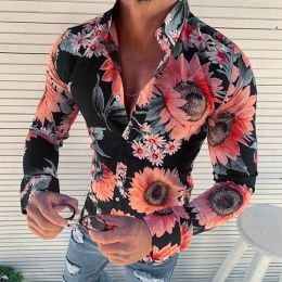QNPQYX New Men's Floral Shirts Long Sleeve Casual Shirt Fashion Rose Flower 3D Printed Turn-down Collar Slim Fit for Mens Clothing