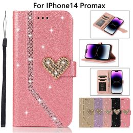 Rope Glitter Love Heart Folio Vogue Phone Case for iPhone 14 13 12 11 Pro Max XR Samsung Galaxy S23 Ultra S22 Plus S21 S20 Note20 A73 5G Sparkle Leather Wallet Shell