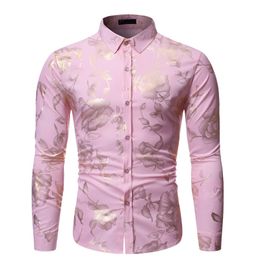 Men's Casual Shirts Pink Bronzing Floral Shirt Men Camisa Masculina Fashion Slim Fit Long Sleeve Mens Dress Shirts Business Casual Men Shirt 230504