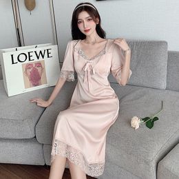 Sexy Pyjamas Lisacmvpnel Sexy Nightdress Female Summer Short Sleeve Sweet Girl Lace Hollow Ice Silk Long Design Nightwear 230504