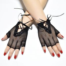 Five Fingers Gloves Women's Sexy Black Short Half-finger Fishing Net Stretch Hollow Mesh Strap Punk Cosplay Prom Party Decoration