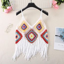 Camis Vintage Boho Fringe Camis Beachwear Women Summer V Neck Sleeveless Crop Tops Colorful Crochet Vest Tops