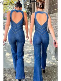 Damen Jumpsuits Strampler Blauer rückenfreier figurbetonter Jumpsuit mit Herzausschnitt für Frauen Sommer ärmellose schlanke Outfits Retro-Denim-Overalls 230503