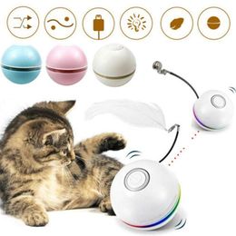 Toys Automatic Cat Toys Rolling Ball Interactive Catnip USB Rechargeable Self Rotating Colorful LED Feather Bells Toys for Cats Kitte