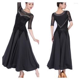 Stage Wear Round Neck Jacquard Stitching Long BlackWomen Ballroom Dance Dress Modern Costumes Rumba Waltz Party Ball Gown