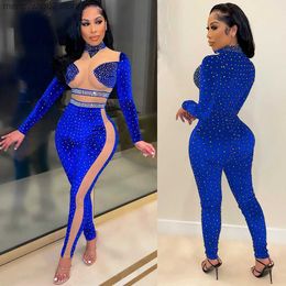 Women's Two Piece Pants Sexy Jumpsuit Sheer Mesh Diamond Full Sleeve Party Night Clubwear Skinny Bodycon Long Romper Overalls T230504