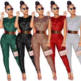 Women's Jumpsuits Rompers VAZN Sexy O-neck Sequins Glitter Office Lady Women Sleeveless Banquet Party Beach Jumpsuits Full Pant Bandage Rompers 230503