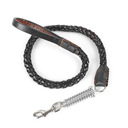 Leashes 120cm Genuine Leather Large Dog Leash With Spring Buffer Black Braidded Strong Pet Outdoor Walking Lead Belt