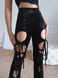 Women's Pants Lace-Up Elastic Waist Y2k Women Bandage Hollow Out Clothes Pantolon High Ankle-Length Slim Black Pantalones De Mujer