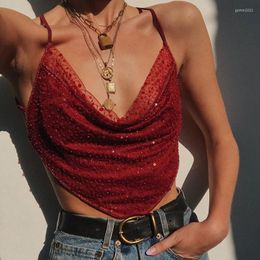 Women's Tanks 2023 Fashion Mesh Sequined Cami Crop Top Women Halter Club Party Rave Festival Sexy Straps Cropped Summer Holiday Clothes