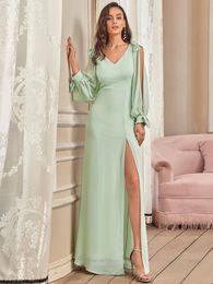 Party Dresses Elegant Evening Dress Long A-LINE V-Neck Full Sleeves Floor-Length Mint Green Gown ever pretty of Chiffon Bridesmaid Dress 230504