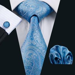 Mens Hankerchief Cufflinks Set Blue Paisely Jacquard Woven Tie Set Business Work Formal Meeting Leisure N-0566304d