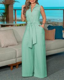 Women's Jumpsuits Rompers Summer Elegant Office Ladies Bow-Knot Rompers Fashion Green Jumpsuits Women Solid Casual Wide Leg Pants Playsuits 230504