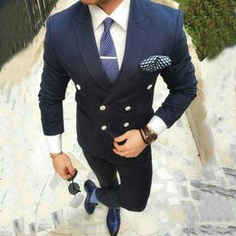 New Navy Blue Mens Suits Smart Casual Business Slim Fit Wedding Tuxedos Groom Wear Double Breasted Bridegroom Suits 2Pieces Costume Homme Blazer