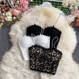 T-Shirt Summer Women Floral Black Lace Camis Slim Metal Chain Spaghetti Strap Tank Female Sexy Backless Sleeveless Vest Short Tops A2064