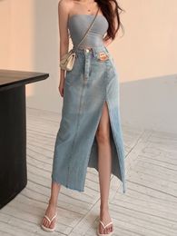 Skirts DEEPTOWN Long Denim Vintage Women Solid High Waist A LINE Slim Korean Style Jean Slit Midi Summer Fashion Girl 230428