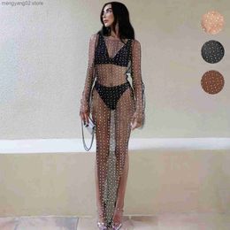 Party Dresses Woman Long Sleeve Mesh dress Solid Color Full Pearl O Neck Bikini Cover Split perspective S-3XL 3Color T230504