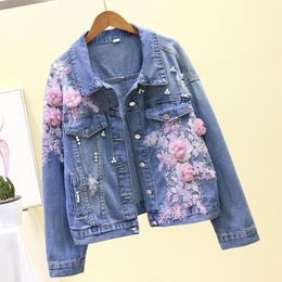 Women's Jackets Autumn Women Denim Jacket Embroidery Three-dimensional Floral Jeans Jacket Beading Pearl Ripped Hole Bomber Outerwear P778 230504