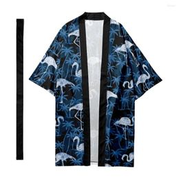 Ethnic Clothing Men's Japanese Traditional Hawaiian Flamingo Stripes Long Kimono Cardigan Samurai Bathrobes Shirt Yukata Jacket 4