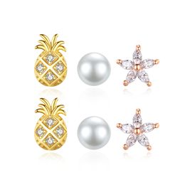 2023 New Fashion Pineapple Flower Pearl Set Stud Earrings Women Fashion Brand 3A Zircon Earrings Charm Female Wedding Party High end Jewellery Valentine's Day Gift