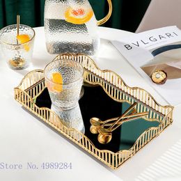 Organisation Glass Mirror Fruit Plate Metal Tray Square Gold Hollow Wavy Border Desktop Cutlery Storage Organisation Cosmetic Storage Tray