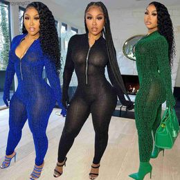 Women's Jumpsuits Rompers Echoine Solid Stamping Zipper Long Sleeve Jumpsuit with Gloves Sexy Skinny Bodycon Rompers Street Women Overalls Spring New T230504